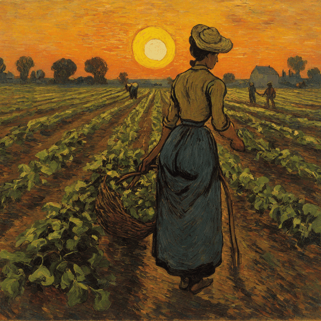 A woman farmer at he field at the sunset